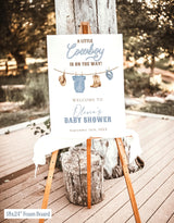A Little Cowboy On The Way Baby Shower Welcome Sign | Dusty Blue Party - detail view