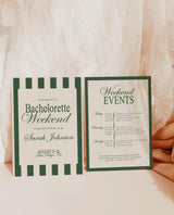 Green Bachelorette Itinerary Invitation with Envelopes | Old Money Green Stripe Elegant