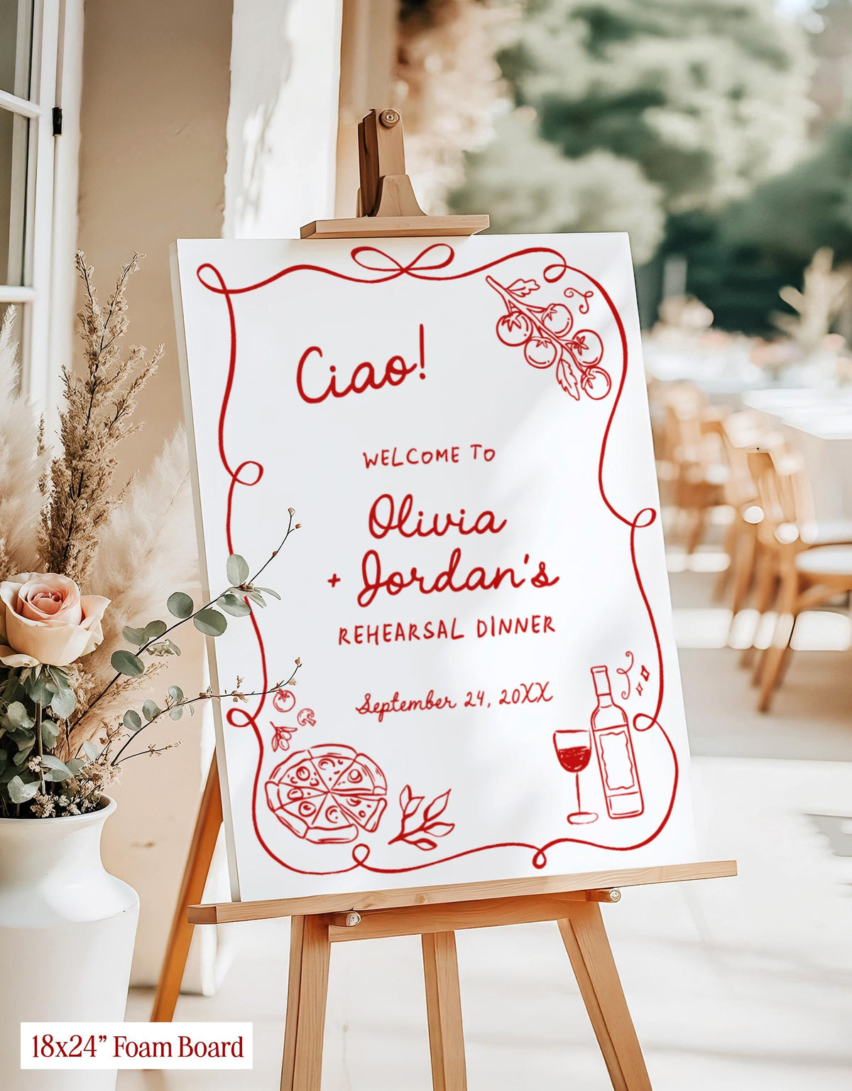 Pizza and Wine Rehearsal Dinner Welcome Sign | Modern Italian Wedding Handwritten
