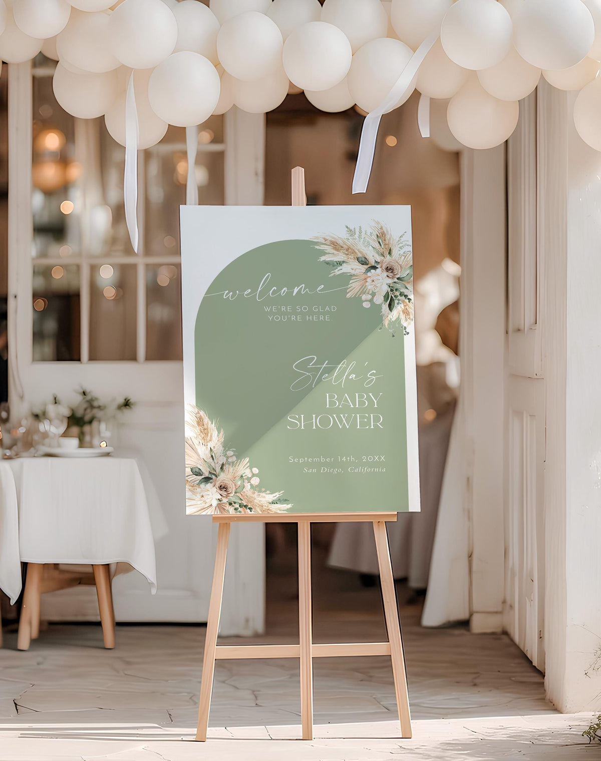 Boho Sage Green Baby Shower Welcome Sign | Pampas Grass Poster
