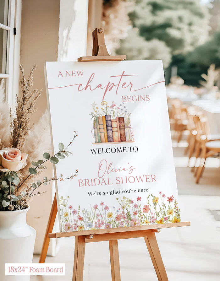 A New Chapter Bridal Shower Welcome Poster | Floral Storybook Handwritten Spring