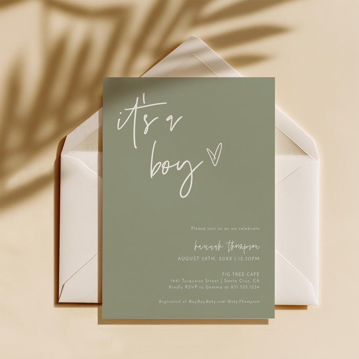 Boho Boy Baby Shower Invitation | Sage Green It's a Boy 5x7 with Envelopes BM1