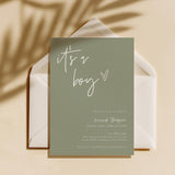 Boho Boy Baby Shower Invitation | Sage Green It's a Boy 5x7 with Envelopes BM1