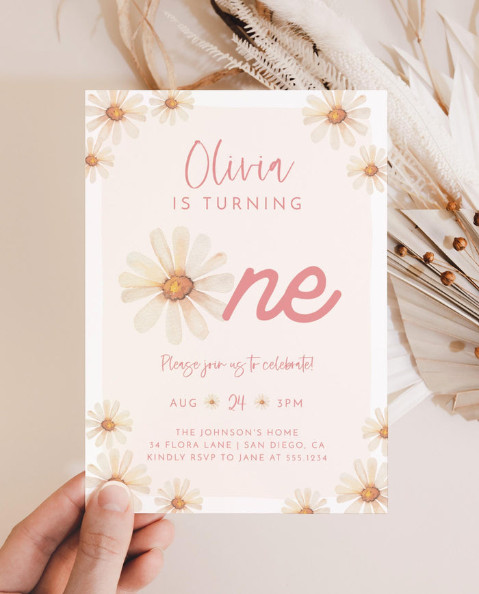 Daisy 1st Birthday Invitation with Envelopes | Wildflower Boho Girl Turning One