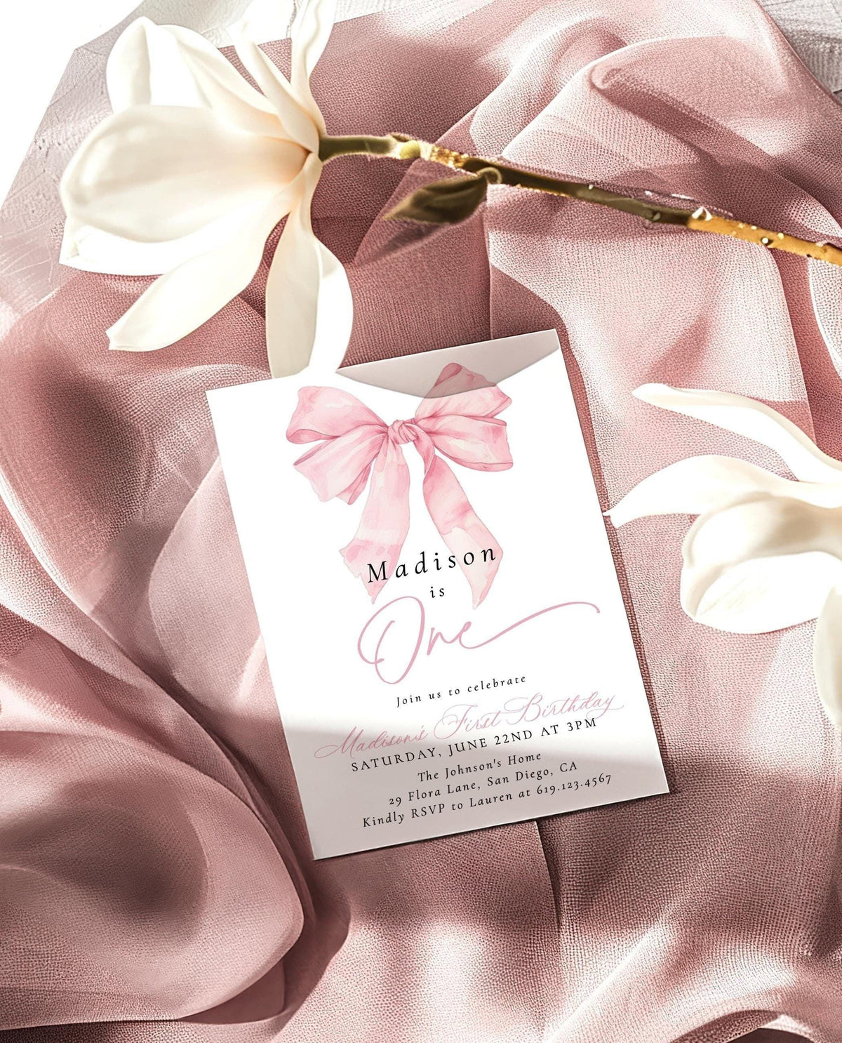 Pink Bow 1st Birthday Invitation with Envelopes | Coquette Girl Turning One