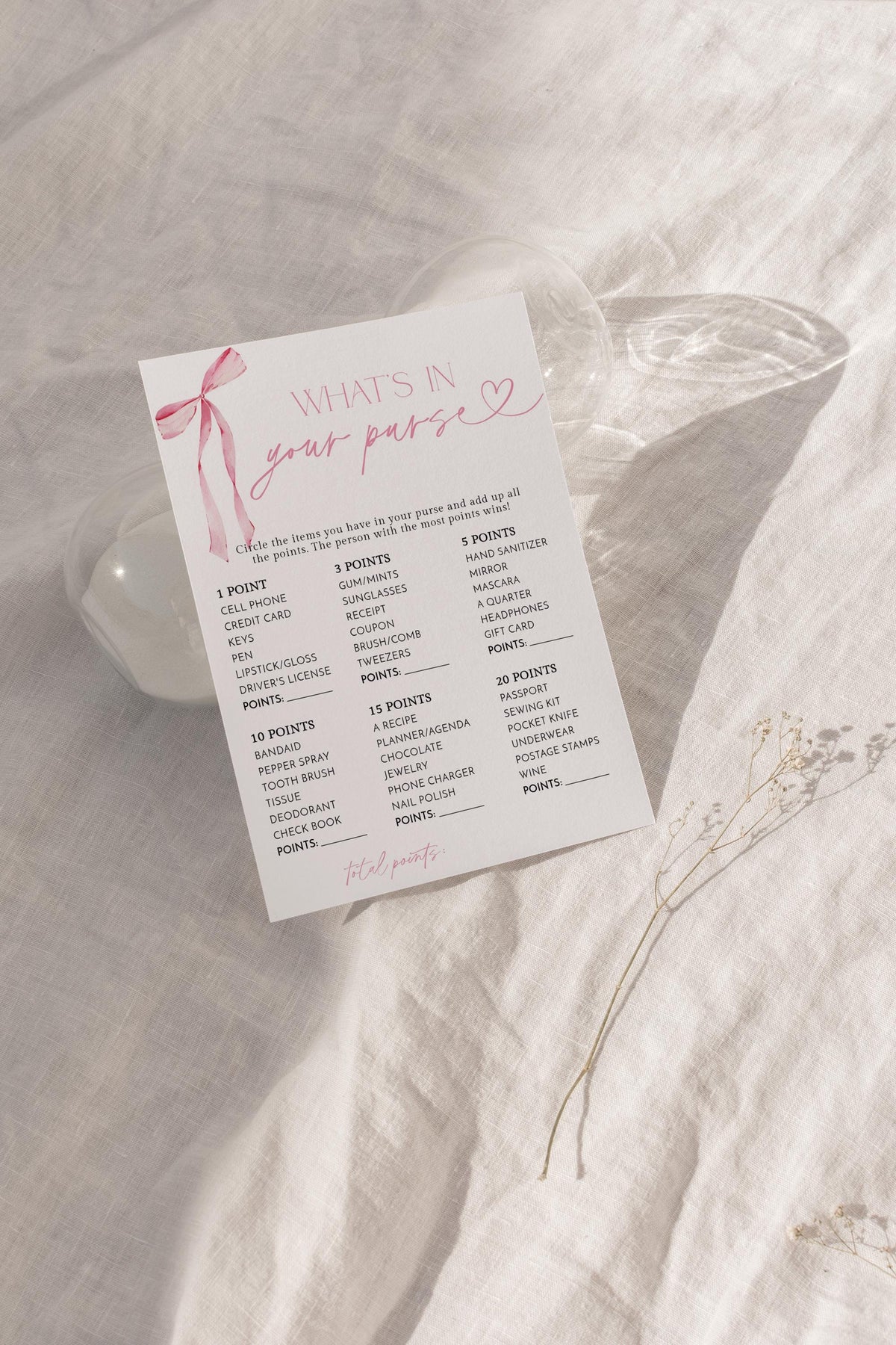 Whats In Your Purse Game Bridal Shower Game | Pink Bow