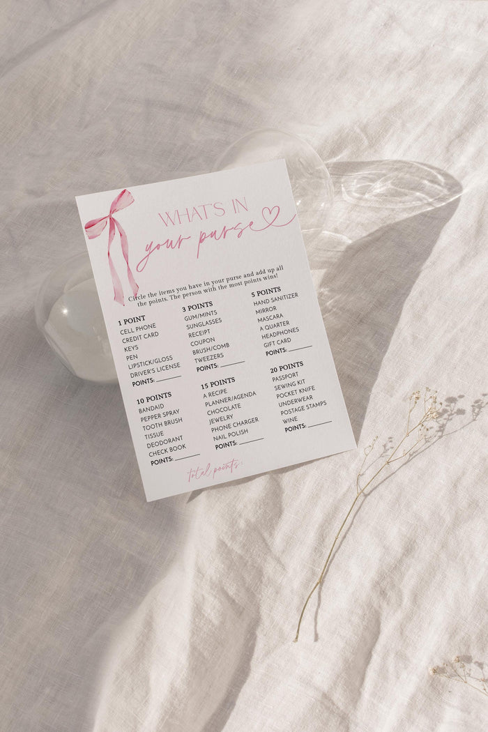 Whats In Your Purse Game Bridal Shower Game | Pink Bow