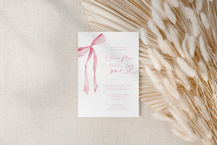 First Birthday Invitation Turning One | Pink Bow