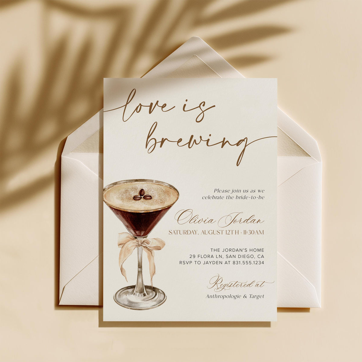 Love is Brewing Bridal Shower Invitation | Espresso Martini 5x7 with Envelopes