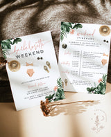 Tropical Bachelorette Party Invitation with Envelopes | Beach Weekend Itinerary Pink Palm Invite 5x7
