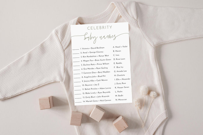 Celebrity Baby Name Game | Boho Sage Baby Shower Game Card 5x7 BM1