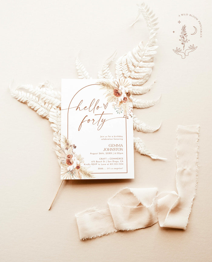 Pampas Grass Birthday Invite, Boho Birthday Party Invite, Boho Arch Birthday Invite, 40th Adult Birthday Editable Template, A2