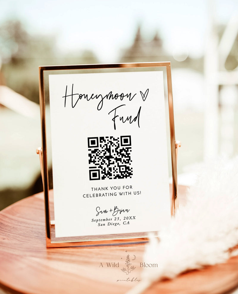 Honeymoon Fund QR Code Sign | Wedding Honeymoon Fund Sign | Venmo QR Code Modern Wedding Sign | Modern Wedding | Editable Template | M8