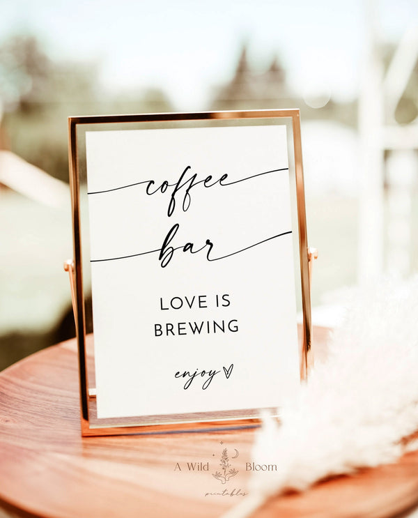 Coffee Bar Wedding Sign, Modern Minimalist Coffee Bar Sign, Modern Shower Coffee Bar, Love is Brewing Sign, Editable Template, M9