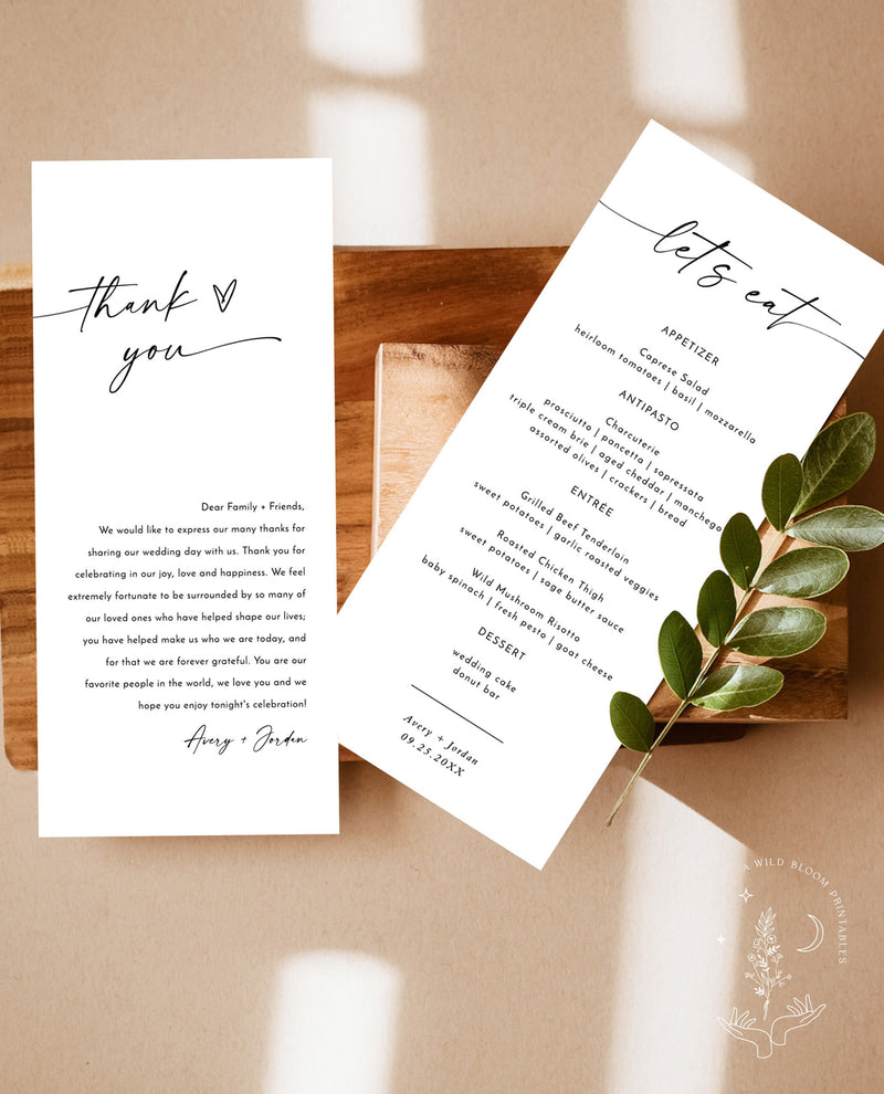 Minimalist Menu + Thank You Letter Template | Wedding Napkin Note | Wedding Menu Thank You | Modern Place Setting Thank You | M9