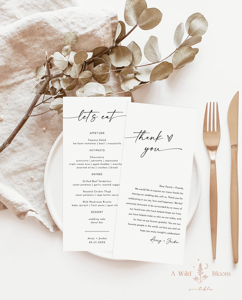 Minimalist Menu + Thank You Letter Template | Wedding Napkin Note | Wedding Menu Thank You | Modern Place Setting Thank You | M9