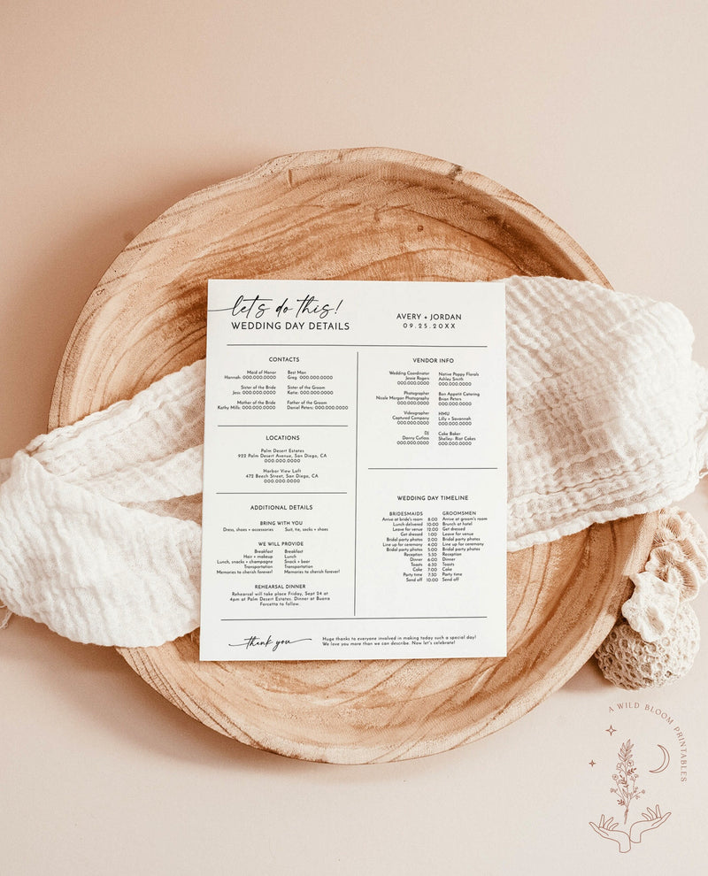 Wedding Day Details Template, Wedding Party Timeline, Wedding Day Schedule, Bridal Party Timeline, Minimalist Wedding Party Itinerary M9