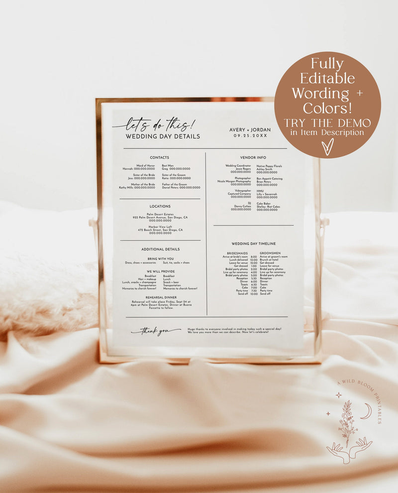 Wedding Day Details Template, Wedding Party Timeline, Wedding Day Schedule, Bridal Party Timeline, Minimalist Wedding Party Itinerary M9