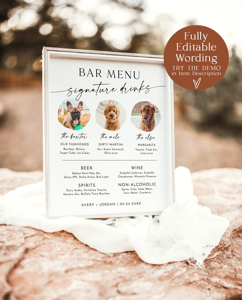 Pet Signature Cocktail Sign, Minimalist Wedding Bar Menu, Dog Signature Cocktail Sign, Dog Signature Drink Sign, Editable Template, M9