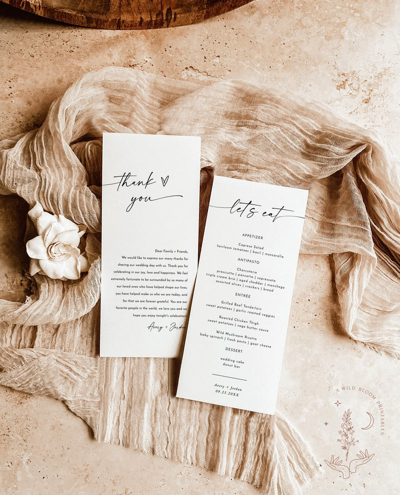 Minimalist Menu + Thank You Letter Template | Wedding Napkin Note | Wedding Menu Thank You | Modern Place Setting Thank You | M9