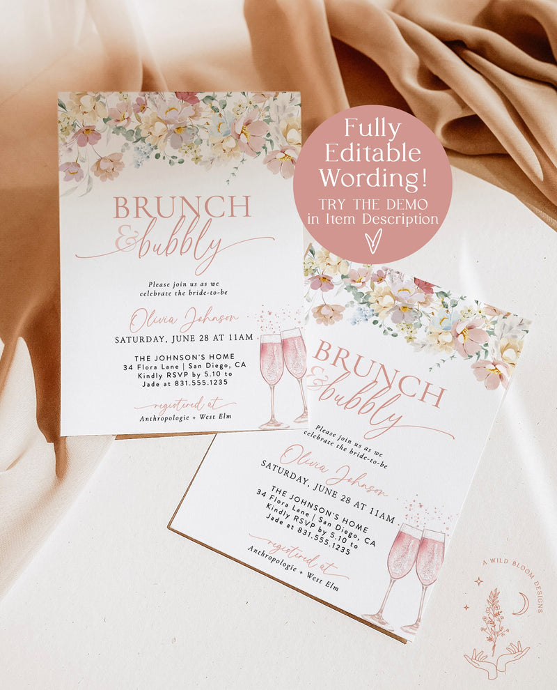 Brunch & Bubbly Bridal Shower Invitation | Wedding Shower Invite | Champagne Shower | Minimalist Bridal Shower Invite | Editable Template W9