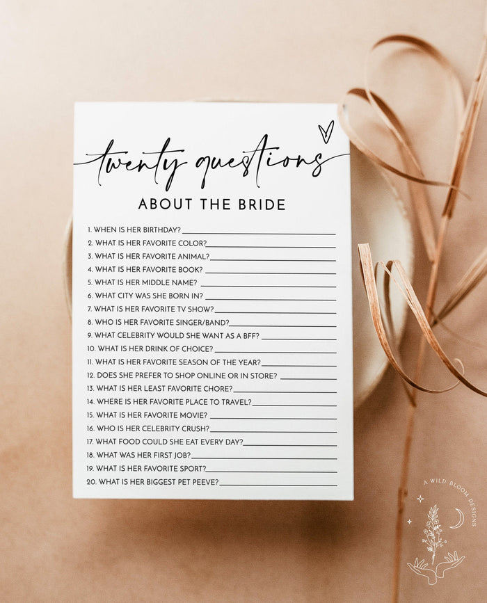 20 Questions About the Bride, Modern Bridal Trivia Shower Game, Minimalist Bridal Shower Game, Bridal Shower Game, Editable Template, M5