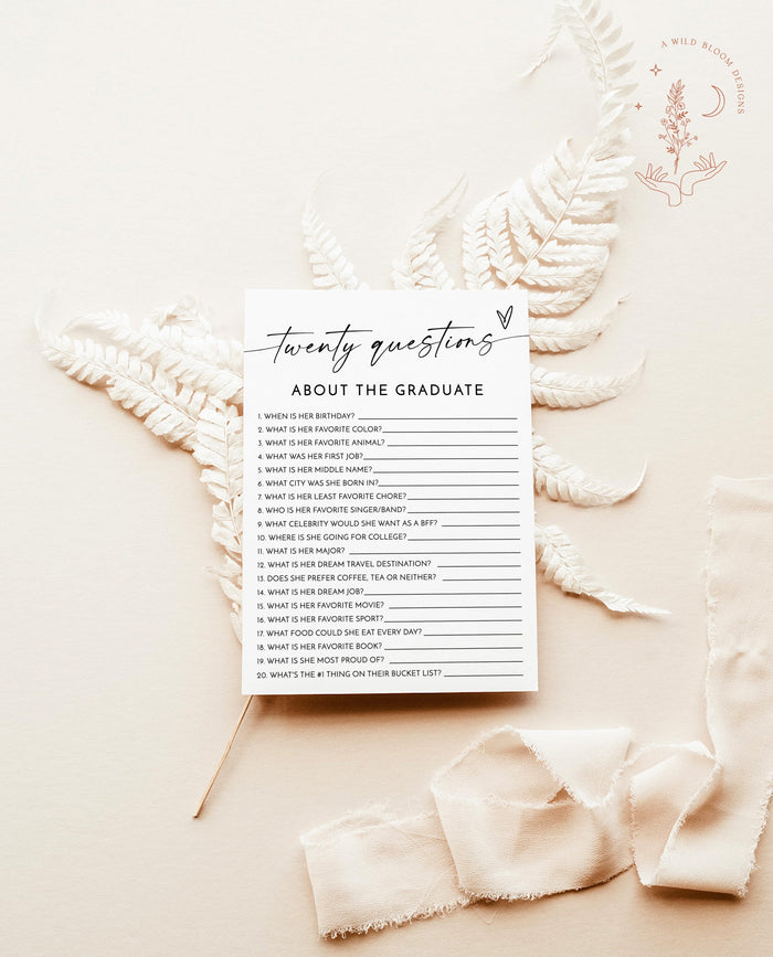 20 Questions About the Graduate | Graduation Party Game | Minimalist Graduation Party Game | Modern Graduation Game | Editable Template | M9