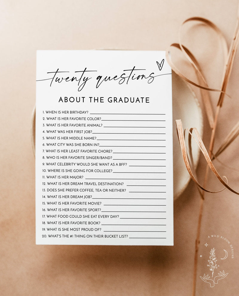 20 Questions About the Graduate | Graduation Party Game | Minimalist Graduation Party Game | Modern Graduation Game | Editable Template | M9
