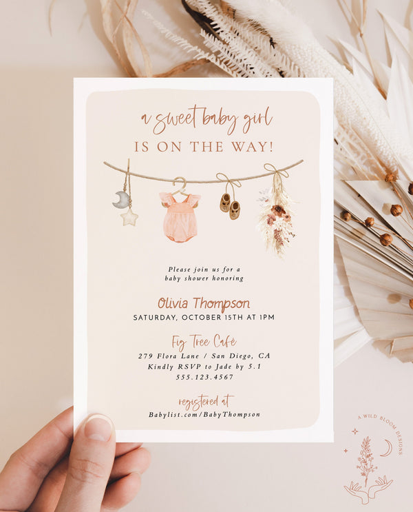 Girl Baby Shower Invitation, Baby Clothes Shower Invite, Boho Baby Girl Shower Invite, Fall Baby Shower Invite, Editable Template, C3