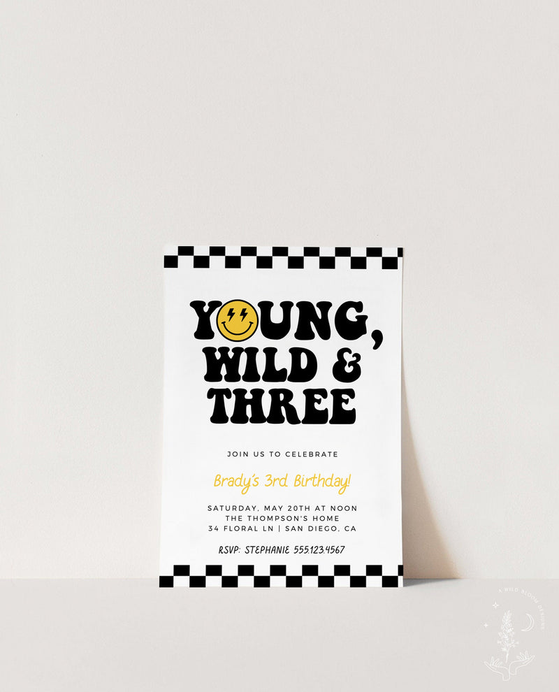 Young Wild and Three Invite Template, Smile Face Birthday Invite, Boy 3rd Birthday, Lightening Bolt Smile, Editable Template, S4