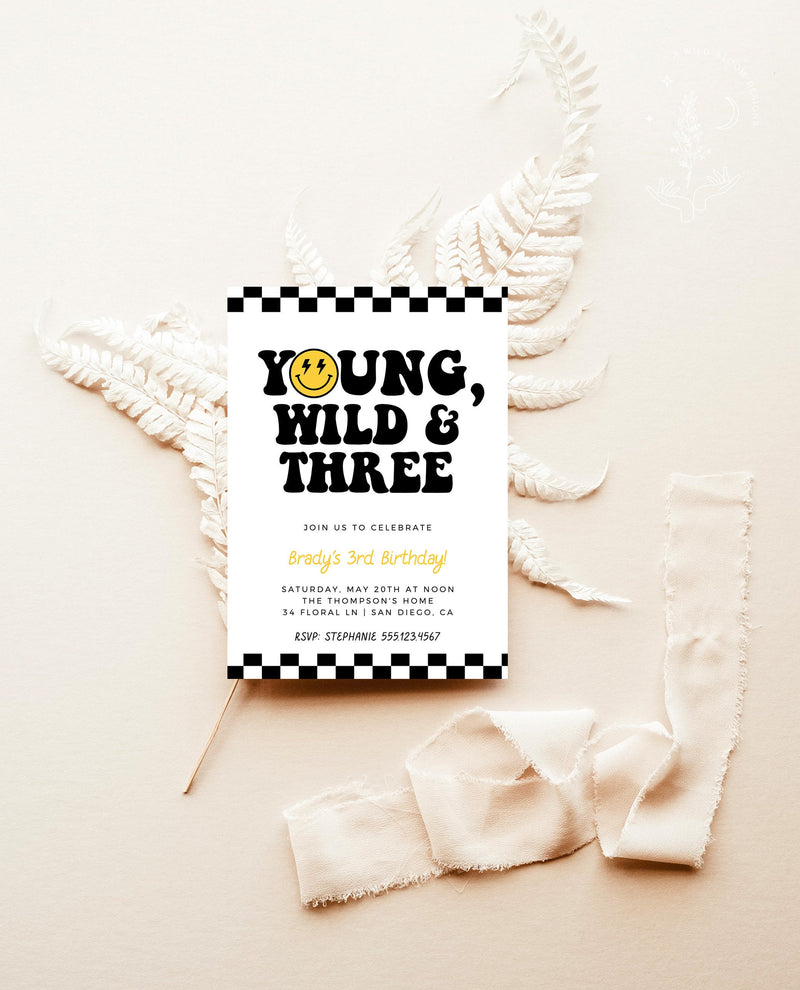 Young Wild and Three Invite Template, Smile Face Birthday Invite, Boy 3rd Birthday, Lightening Bolt Smile, Editable Template, S4