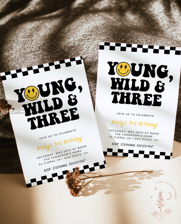 Young Wild and Three Invite Template, Smile Face Birthday Invite, Boy 3rd Birthday, Lightening Bolt Smile, Editable Template, S4