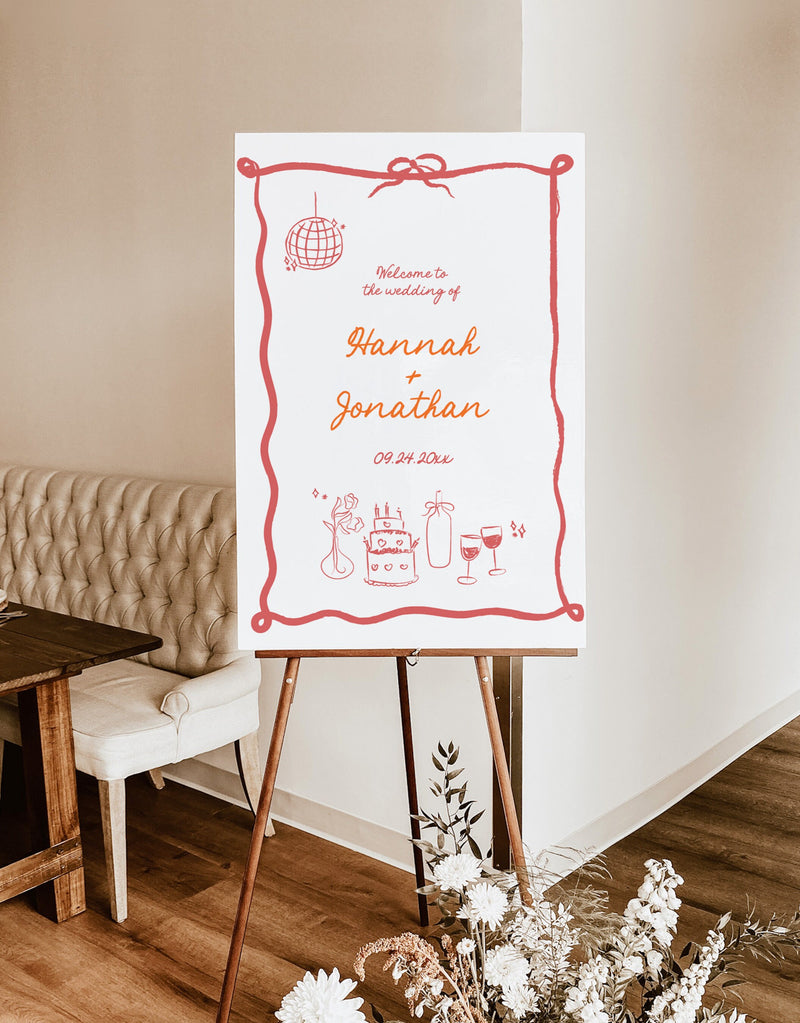Wedding Welcome Sign Template | Modern Wedding Welcome Sign | Handwritten Calligraphy | Wavy Frame Welcome Sign | Editable Template | H1
