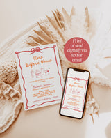 Bridal Shower Invitation Template | Vino Before Vows | Colorful Bridal Shower Invite | Wavy Border | Modern Retro | Ribbon Bridal Shower H1