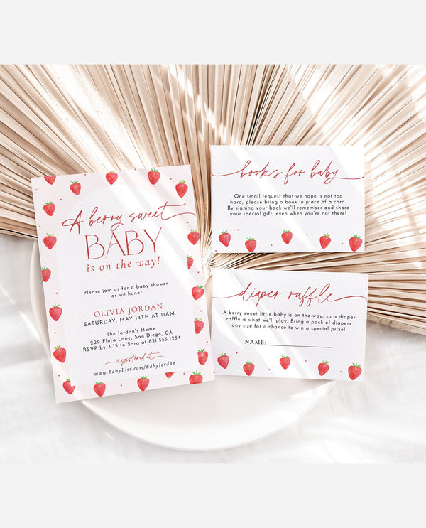 Strawberry Baby Shower Invitation Template | Berry Sweet Baby on the Way Invite | Girl Baby Shower | Gender Neutral | Editable Template | B7