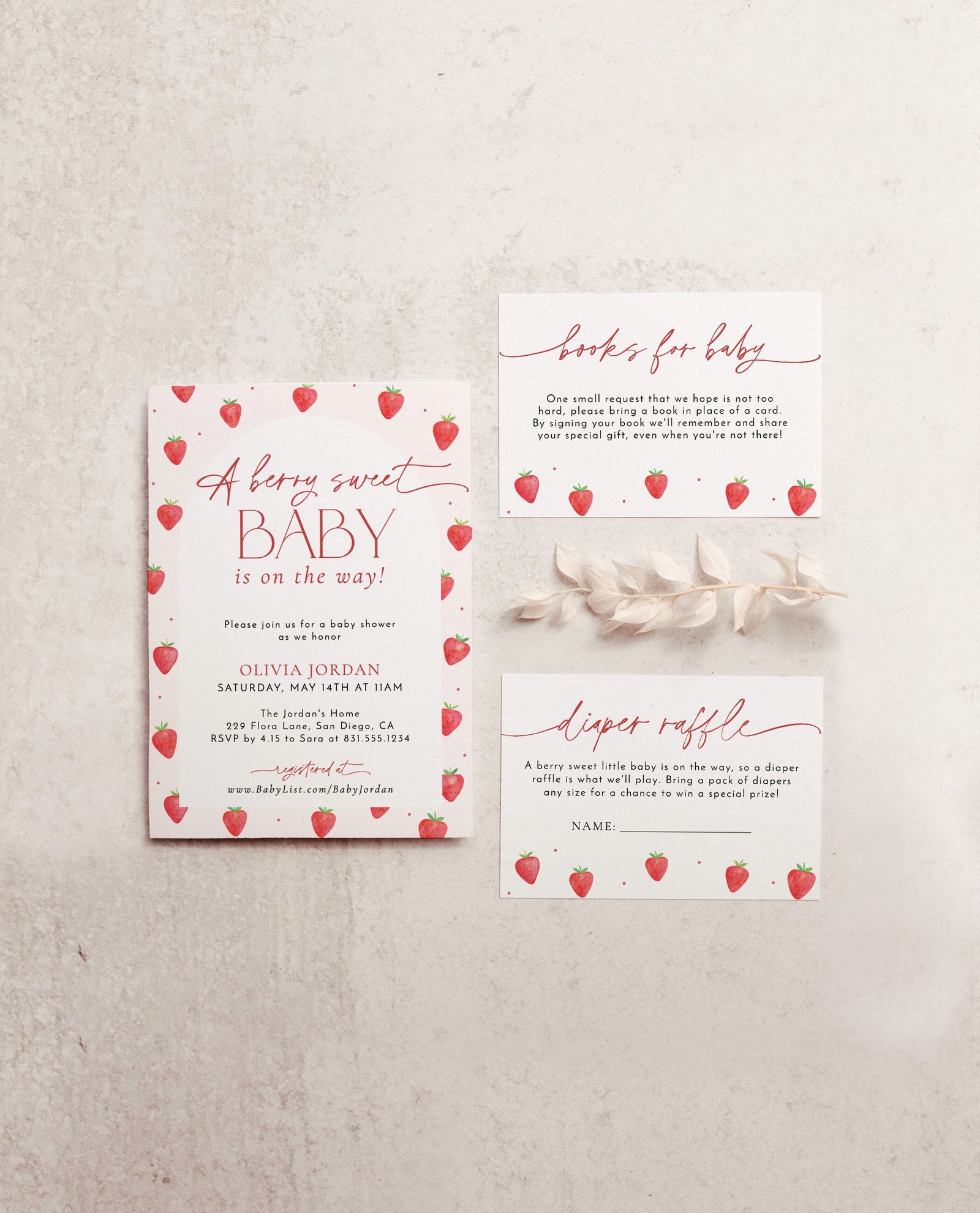 Baby Sweetheart Accessories 25 4x6 Inches Berry Sweet Baby Baby Shower  Strawberry Baby Shower Invitations, image size:1600x1981