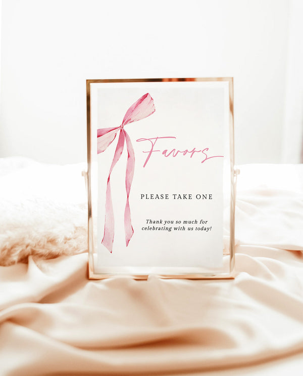 Pink Bow Favors Sign | Girl Baby Shower Favors Sign | Blush Pink Bow | Favors Sign Template, Bridal Shower Favors Sign, Editable Template B4