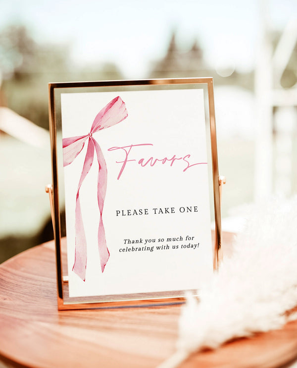 Pink Bow Favors Sign | Girl Baby Shower Favors Sign | Blush Pink Bow | Favors Sign Template, Bridal Shower Favors Sign, Editable Template B4