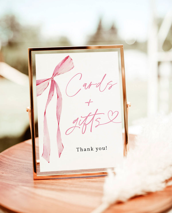 Cards and Gifts Sign Template | Blush Pink Bow | Wedding Gifts Sign | Bridal Shower Gift Sign | Girl Baby Shower Gift Sign | B4