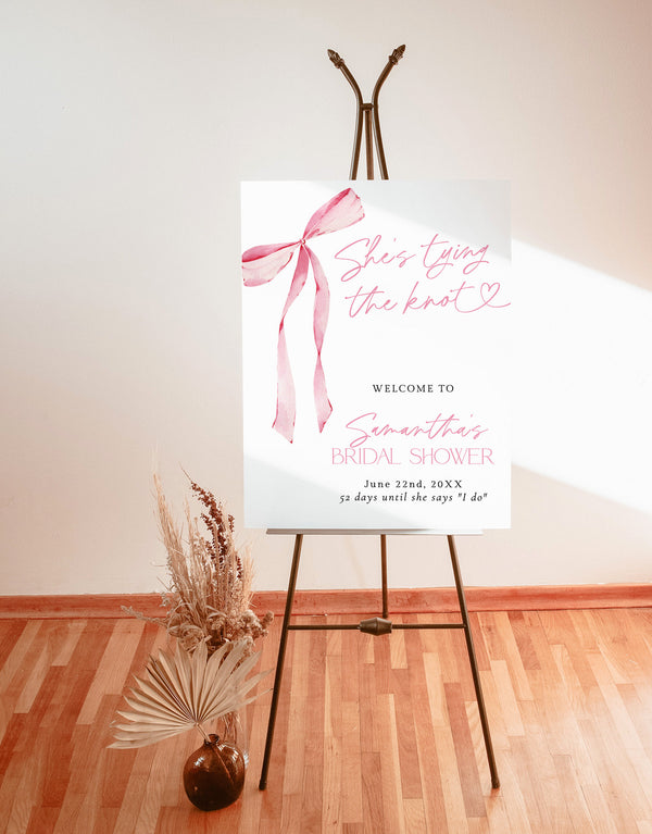 She's Tying the Knot Bridal Shower Welcome Sign | Blush Pink Bow Bridal Shower | Bridal Welcome Sign | Pink Bridal Shower Welcome Sign | B4
