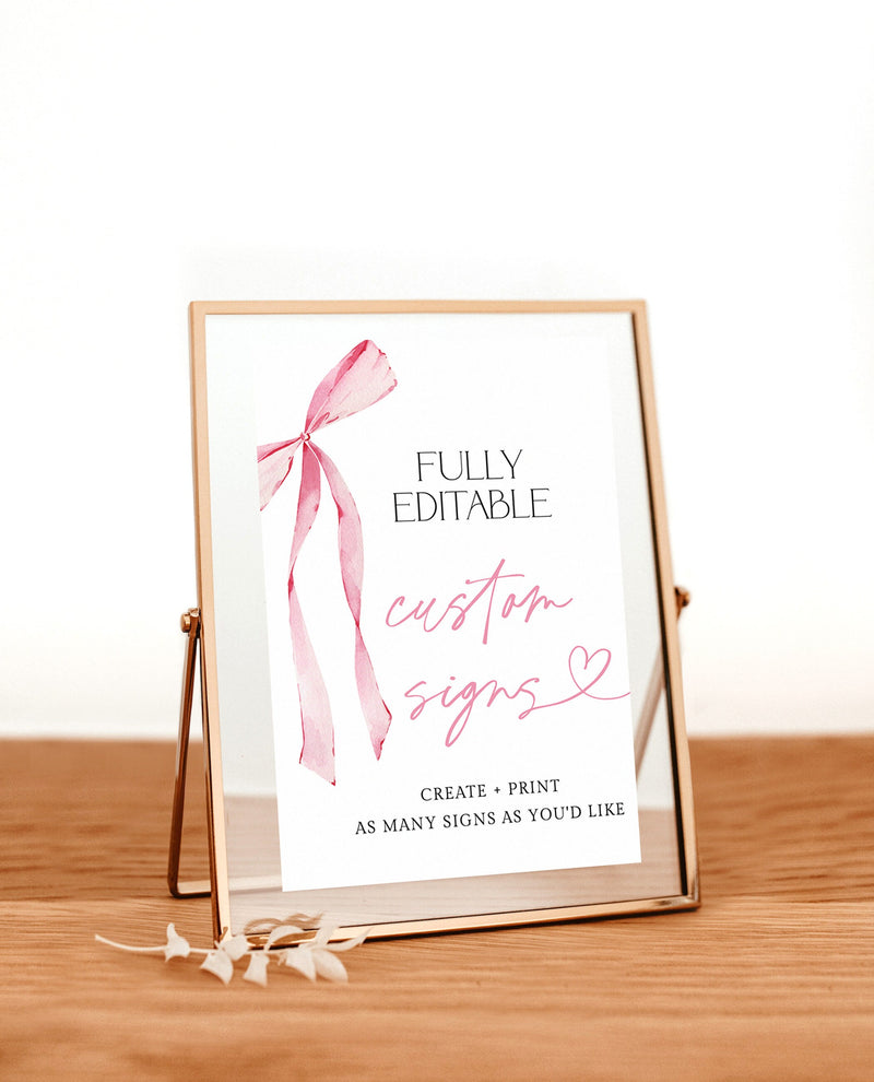 Pink Bow Custom Signs | Bow Custom Sign Template | Pink Ribbon | Bow Baby Shower Sign | Bow Bridal Shower Sign | Editable Template | B4