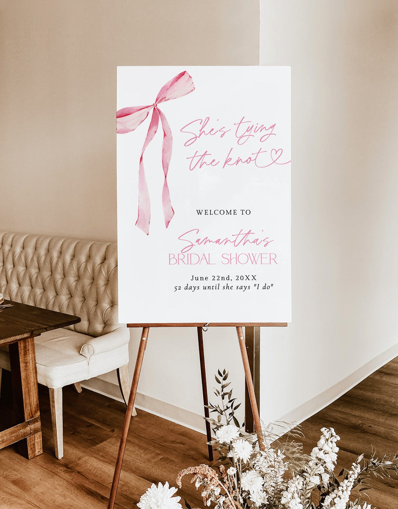 She's Tying the Knot Bridal Shower Welcome Sign | Blush Pink Bow Bridal Shower | Bridal Welcome Sign | Pink Bridal Shower Welcome Sign | B4