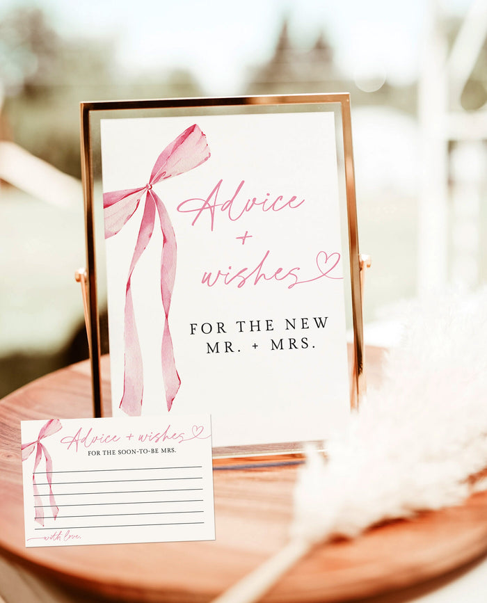 Advice and Wishes Wedding Sign | Bow Wedding Sign | Advice and Wishes for New Mr and Mrs | Pink Bow Bridal Shower | She's Tying the Knot, B4