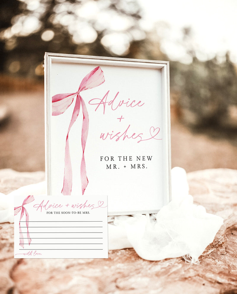 Advice and Wishes Wedding Sign | Bow Wedding Sign | Advice and Wishes for New Mr and Mrs | Pink Bow Bridal Shower | She's Tying the Knot, B4