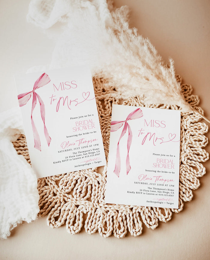 Miss to Mrs Bridal Shower Invitation Template | Pink Bow Bridal Shower Invite | Pink Ribbon Wedding Shower | Editable Template | B4