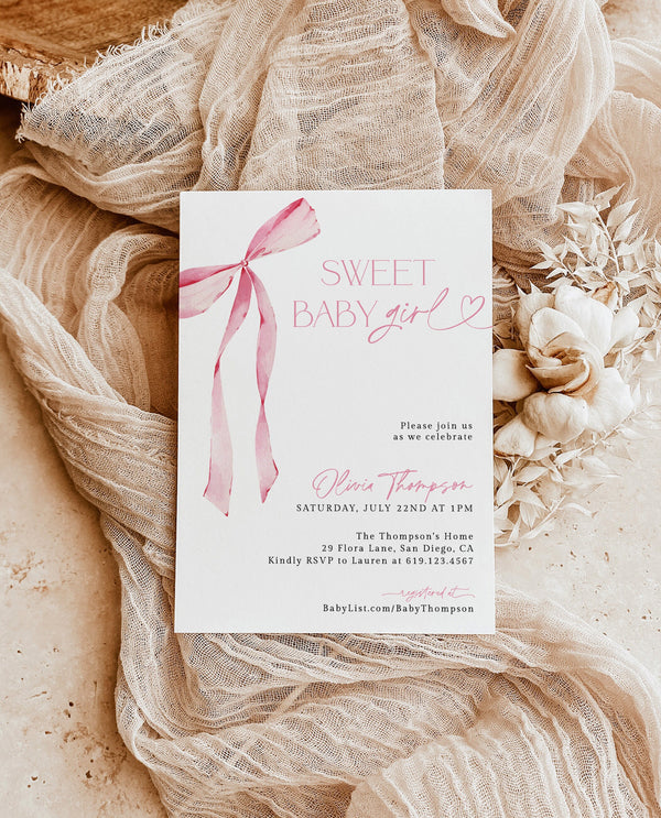 Pink Bow Baby Shower Invite | Girl Baby Shower Invite | Sweet Baby Girl | Blush Pink | Pink Ribbon Minimalist Invite | Editable Template, B4