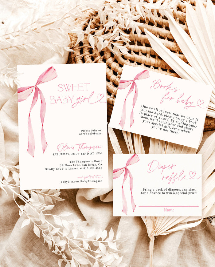 Pink Bow Baby Shower Invitation Template | Girl Baby Shower Invite Bundle | Sweet Baby Girl | Pink Baby Shower | Editable Template | B4