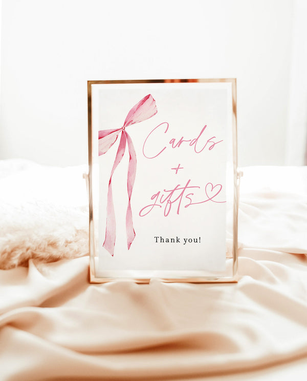 Cards and Gifts Sign Template | Blush Pink Bow | Wedding Gifts Sign | Bridal Shower Gift Sign | Girl Baby Shower Gift Sign | B4