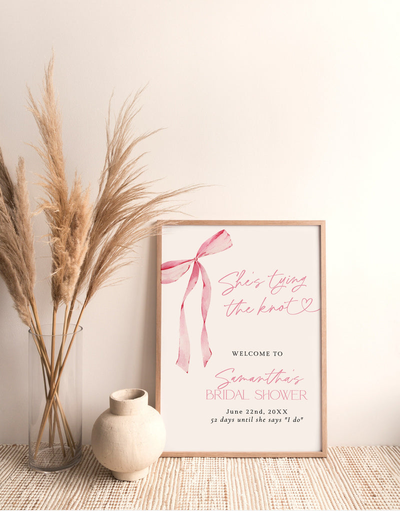 She's Tying the Knot Bridal Shower Welcome Sign | Blush Pink Bow Bridal Shower | Bridal Welcome Sign | Pink Bridal Shower Welcome Sign | B4