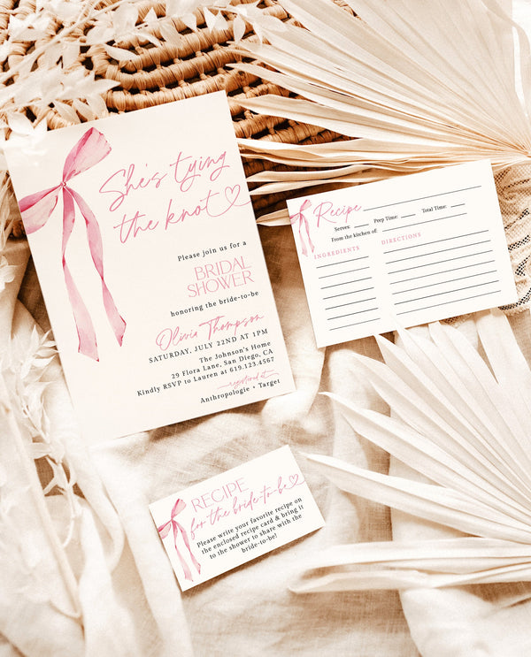 Bow Bridal Shower Invite | Pink Bow Bridal Shower | Bridal Shower Bundle | Recipe Card | Pink Ribbon, Minimalist Bridal Shower Invite | B4